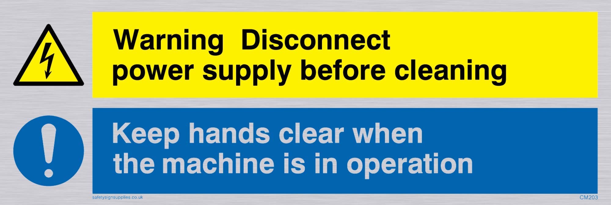 Viking Signs CM203-L15-SV "Warning Disconnect Power Supply Before Cleaning Sign Keep Hands Clear", Vinyl, Silver Sticker, 150 mm H x 50 mm W