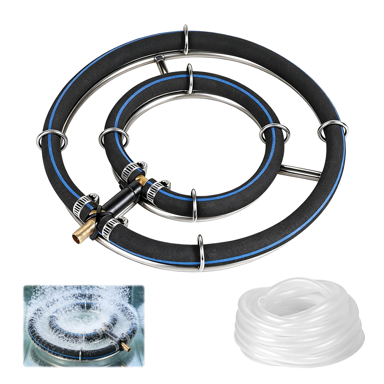 Belüfter Teich, 25cm Belüfterring für Teich Aquarium Edelstahl Doppelrahmen Teichbelüfter Fischteich Sauerstoff Diffuser mit 5M Luftschlauch Rohrdurchmesser 8mm Verwendung in Filtersystemen