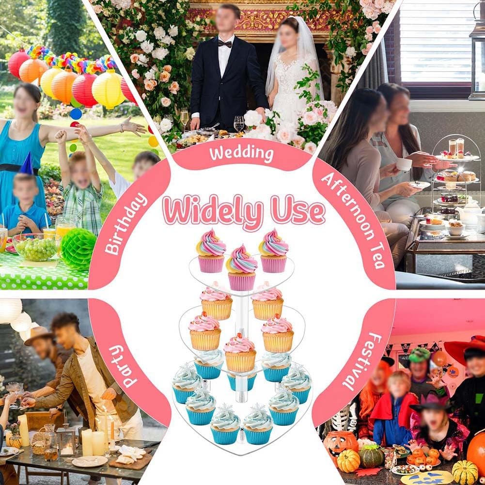 Soporte acrílico para cupcakes de 3 niveles con forma de corazón, grado alimenticio, para bodas, fiestas, cumpleaños y baby showers, con capacidad para hasta 25 cupcakes
