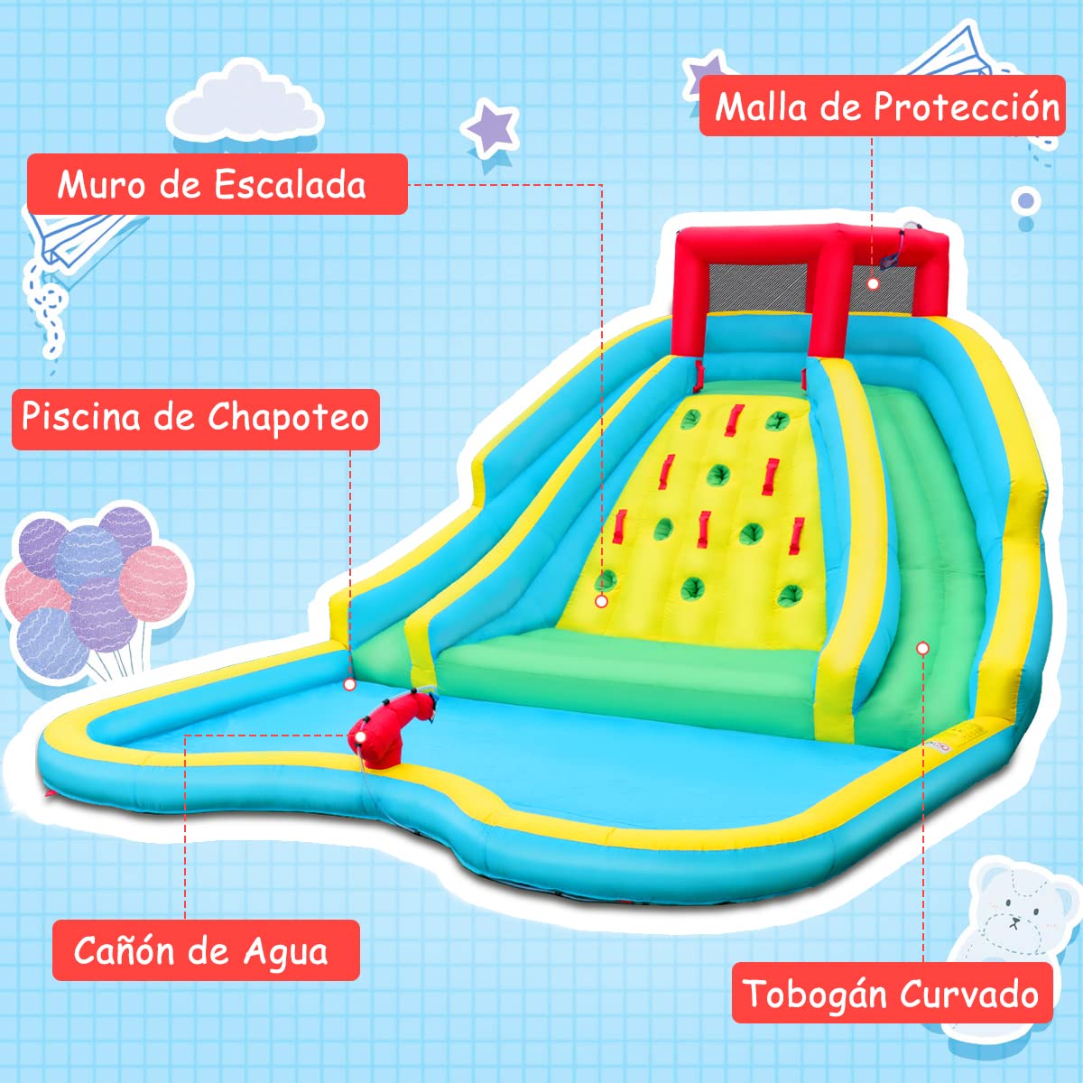 COSTWAY Tobogán Inflable, Parque De Agua Para Niños Con Piscina De Chapoteo, Pared De Escalada, Cañón De Agua Y Toboganes (Con Soplador De 680W)