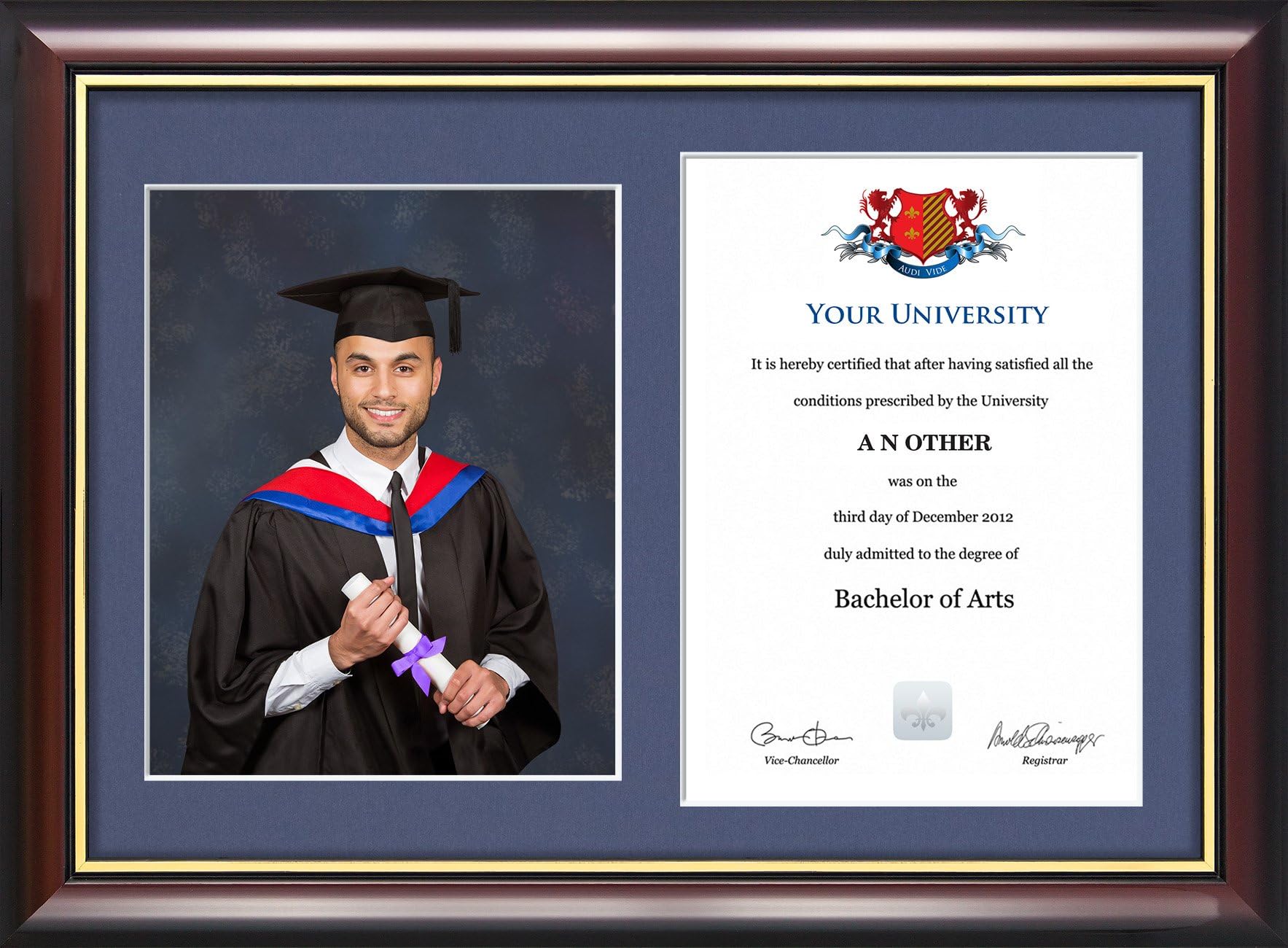 Dual Graduation Certificate and Photo Frame - Traditional Wood Style with Glass Front, Diploma Document & Picture Holder (Navy)