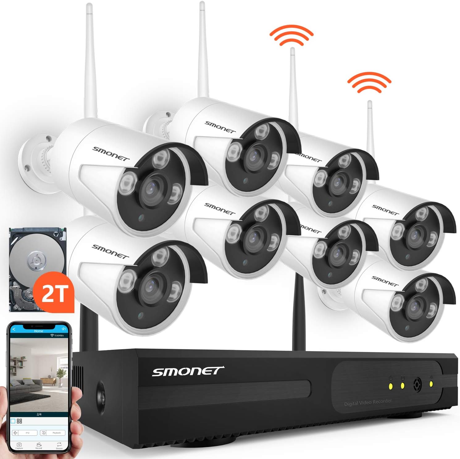 SMONET H.264+ Security Camera System Wireless,8CH Full HD 1080P Surveillance Camera System(2TB Hard Drive), 8pcs 2.0MP Outdoor&Indoor Wireless Security Cameras,P2P, Free APP,Easy Remote View