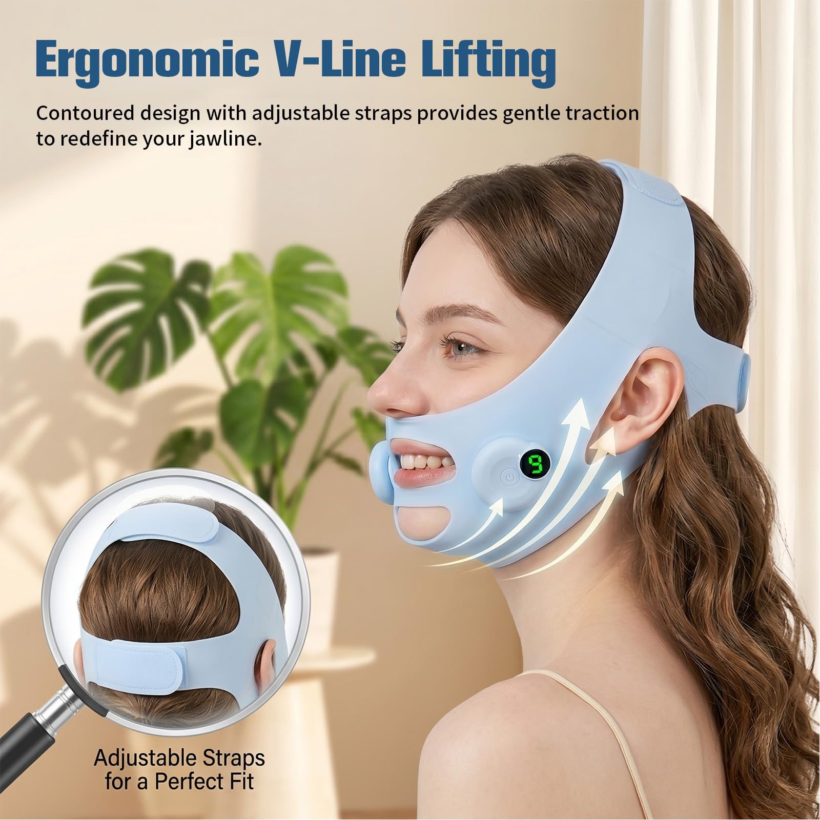 Mikrostrom V-Form Gesichtsstraffer-Pads, USB-aufladbare Gesichts-Liftband für ein konturiertes Gesicht, Doppelkinn-Reduzierer, verstellbare Hebemaske mit 6 Modi und 9 Intensitätsstufen für zu Hause