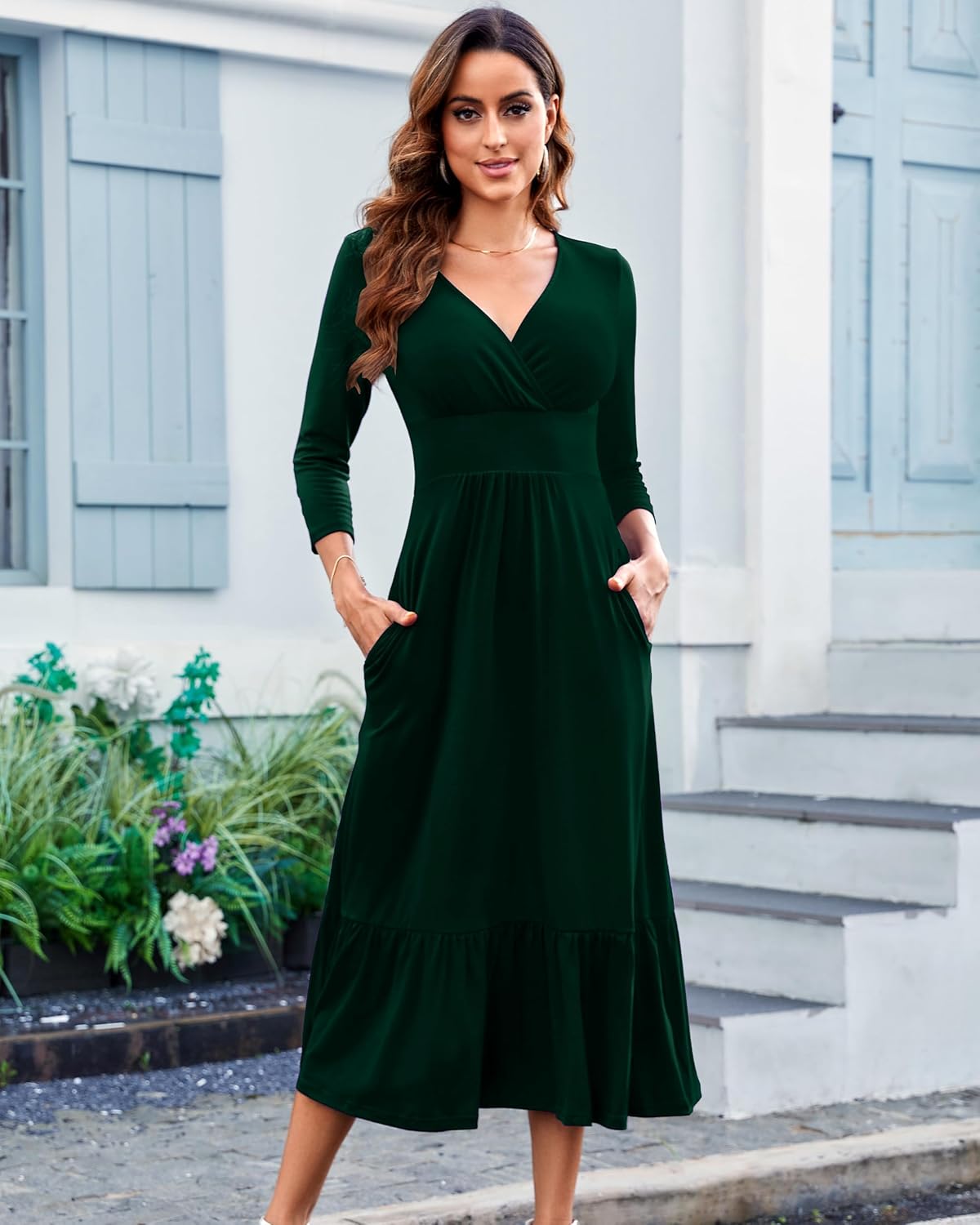 Womens Summer V Neck Dress Empire Waist Maxi Wedding Guest Cocktail Dresses Ruffle Hem A-Line Flowy Long Formal Outfits - Image 2