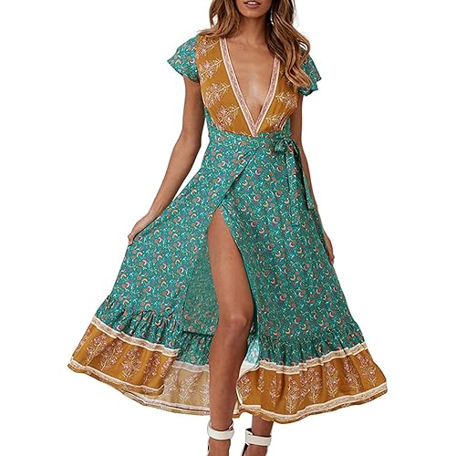 ZESICA Women's 2024 Bohemian Floral Printed Wrap V Neck Short Sleeve Split Beach Party Maxi Dress