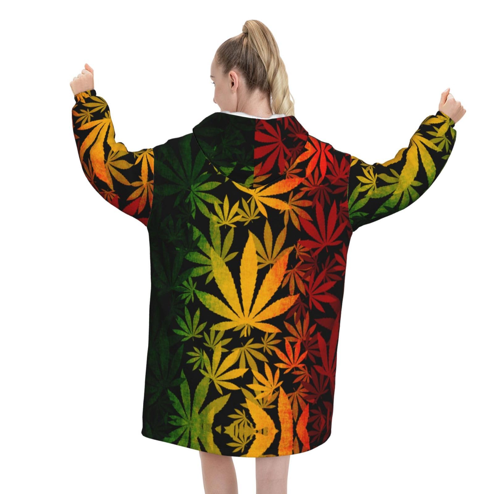 Oversized Flannel Wearable Blanket Hoodie For Adult Rasta-Canabis-Weed-Leaf Soft Fuzzy Hooded Lounging Pullover