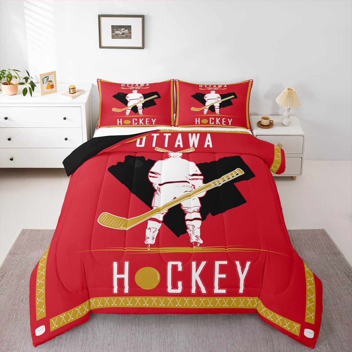 Loussiesd Hokej na lodzie zestaw pościeli hokej na lodzie miasto kołdra zestaw podwójny rozmiar prezenty dla mężczyzn kobiet chłopca lacrosse sporty zimowe kołdra nowoczesna moda sypialnia wystrój