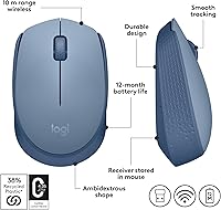 Vista 7 de Logitech M170 Wireless Mouse for PC, Mac, Laptop, 2.4 GHz with USB Mini Receiver, Optical Tracking, 12-Months Battery Life, Ambidextrous - Blue Grey