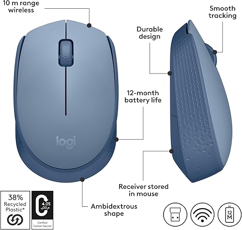 Vista 7 de Logitech M170 Wireless Mouse for PC, Mac, Laptop, 2.4 GHz with USB Mini Receiver, Optical Tracking, 12-Months Battery Life, Ambidextrous - Blue Grey