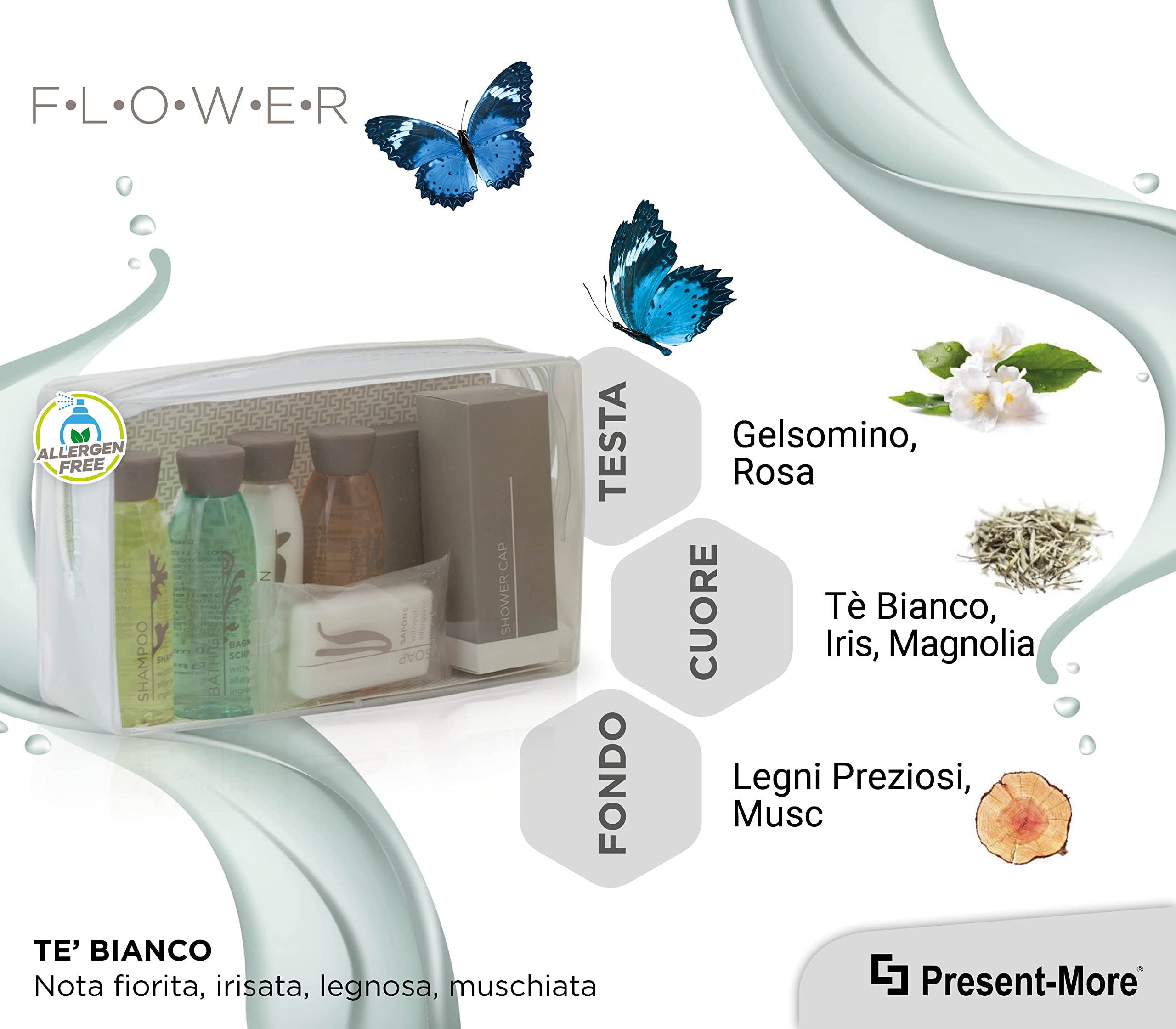 PRESENT-MORE - Set Cortesia 12 Ospiti Flower - Fragranza Tè Verde - Contiene: Shampoo, Gel Doccia, Crema, Gel Intimo, Sapone e Accessori - Per Hotel e B&B