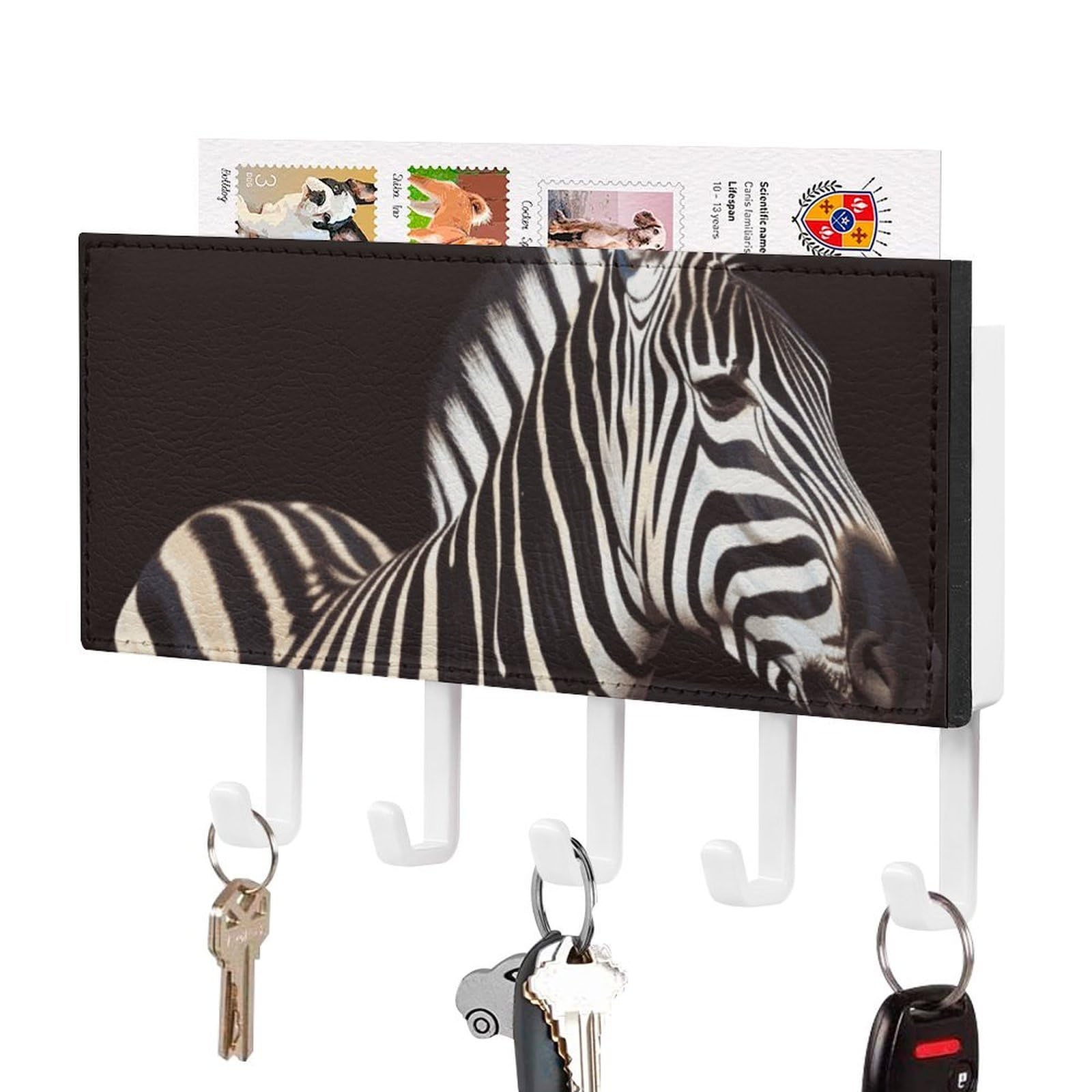 JTREHY Animal Zebra Holder Wall-Mounted Key and Mail Holder,Key Rack with 5Keys Hooks, Easy to Install Mail Organizer for Entryway, Front Door, Hallway, Office
