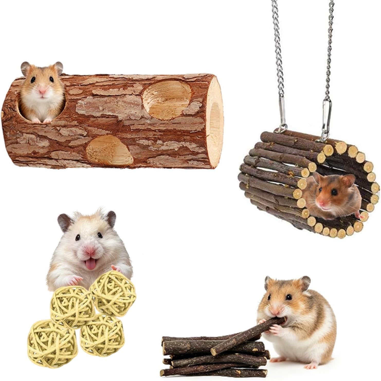 Natural Wooden Hamster Tunnels & Hideouts–Chew-Safe Birch Trunk Tubes(4pcs) | for Dwarf Hamsters, Gerbils, Mice – Cage Accessories, Exercise Toy, Forest-Themed Small Pet Habitat