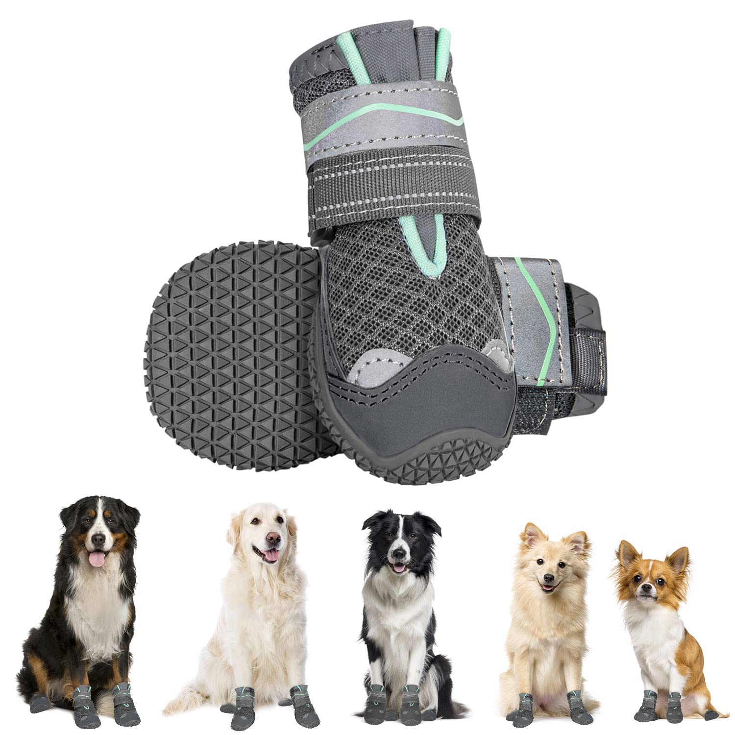 Eyein Hundeschuhe Pfotenschutz, atmungsaktiv Hundeschuhe mit Rutschfester Sohle und reflektierendem Klettverschluss für kleine, mittlere und große Hunde