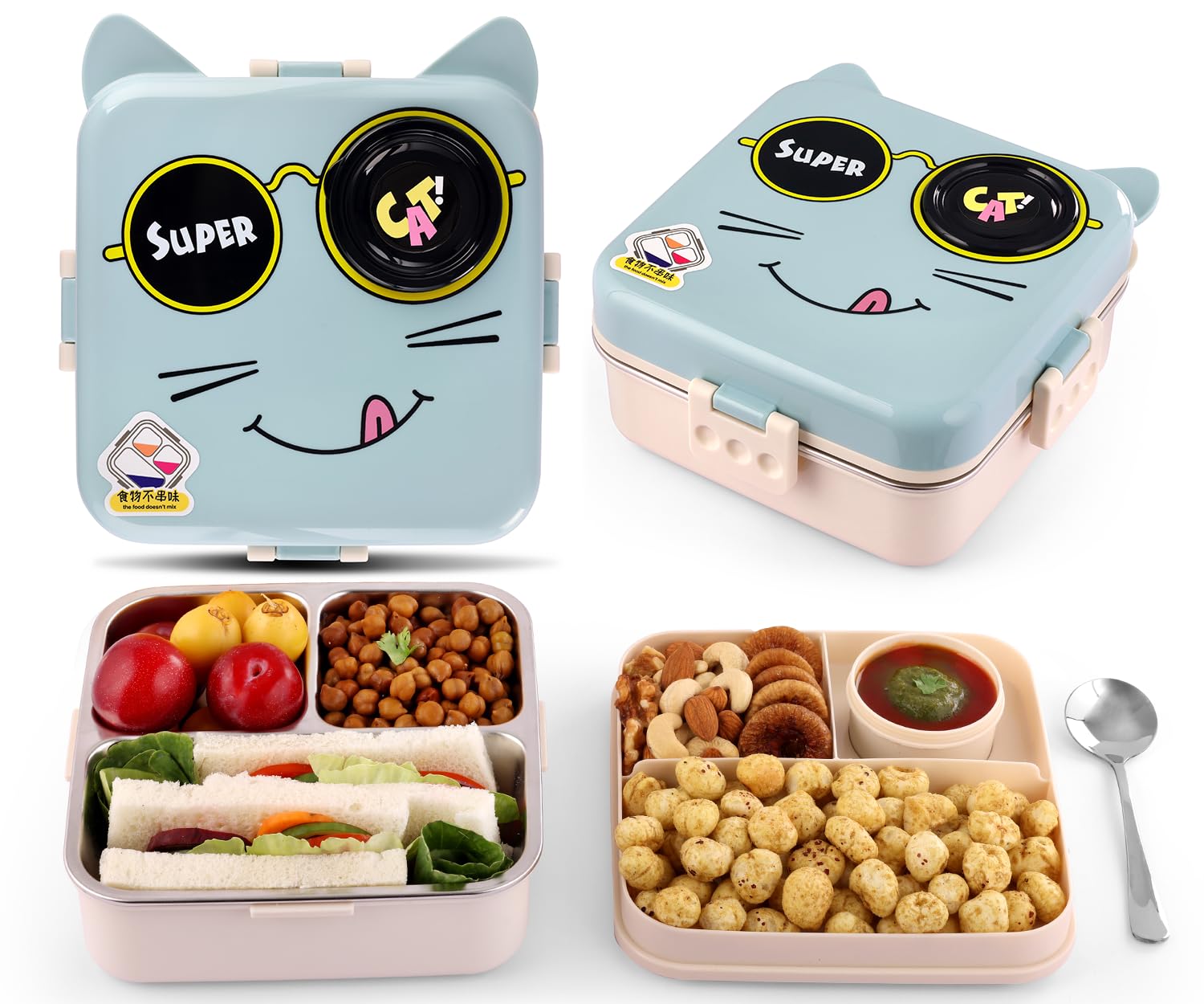 Primalite Kids Super Cat Theme Stainless Steel Bento Lunch Box for School, 3-Compartment with Sauce Jar & a Spoon, Leak-Proof Seal-Ring Design & Multiple Lock-Design Tiffin, Air-Tight- 1100ML Blue (B0DDPW8S51) Amazon Price History, Amazon Price Tracker