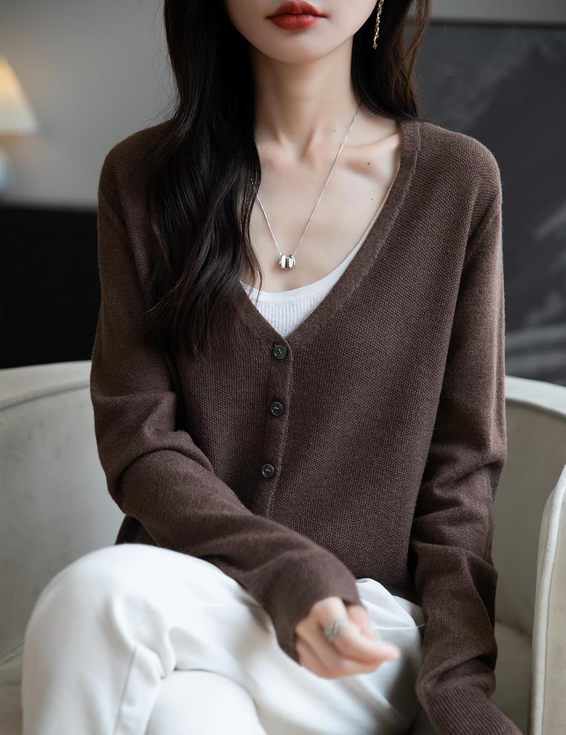 Women's Merino Wool Blend Cardigan V-Neck Fall Winter Long Sleeve First-Line Ready to Wear Seamless Knit Cardigan - Image 2