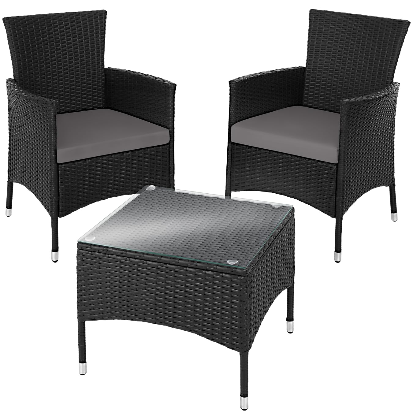 tectake® Conjunto Jardín Exterior de Ratán y Acero para 2 Personas, Muebles Jardín Exterior Resistentes a Intemperie, 2 Sillones y 1 Mesa Cristal, Fácil Montaje y Limpieza, Incl. 4 Fundas - Negro