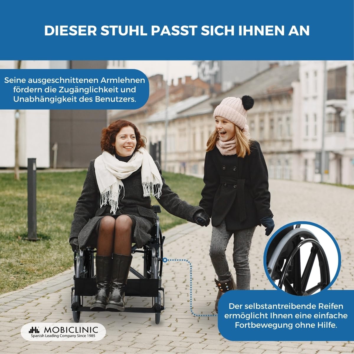 Mobiclinic, Giralda, Faltrollstuhl, Rollstuhl für ältere und behinderte, Klapparmlehnen abnehmbare fußstützen, Selbstfahrend, Leichtgewicht, Schwarz, Sitzbreite 43 cm