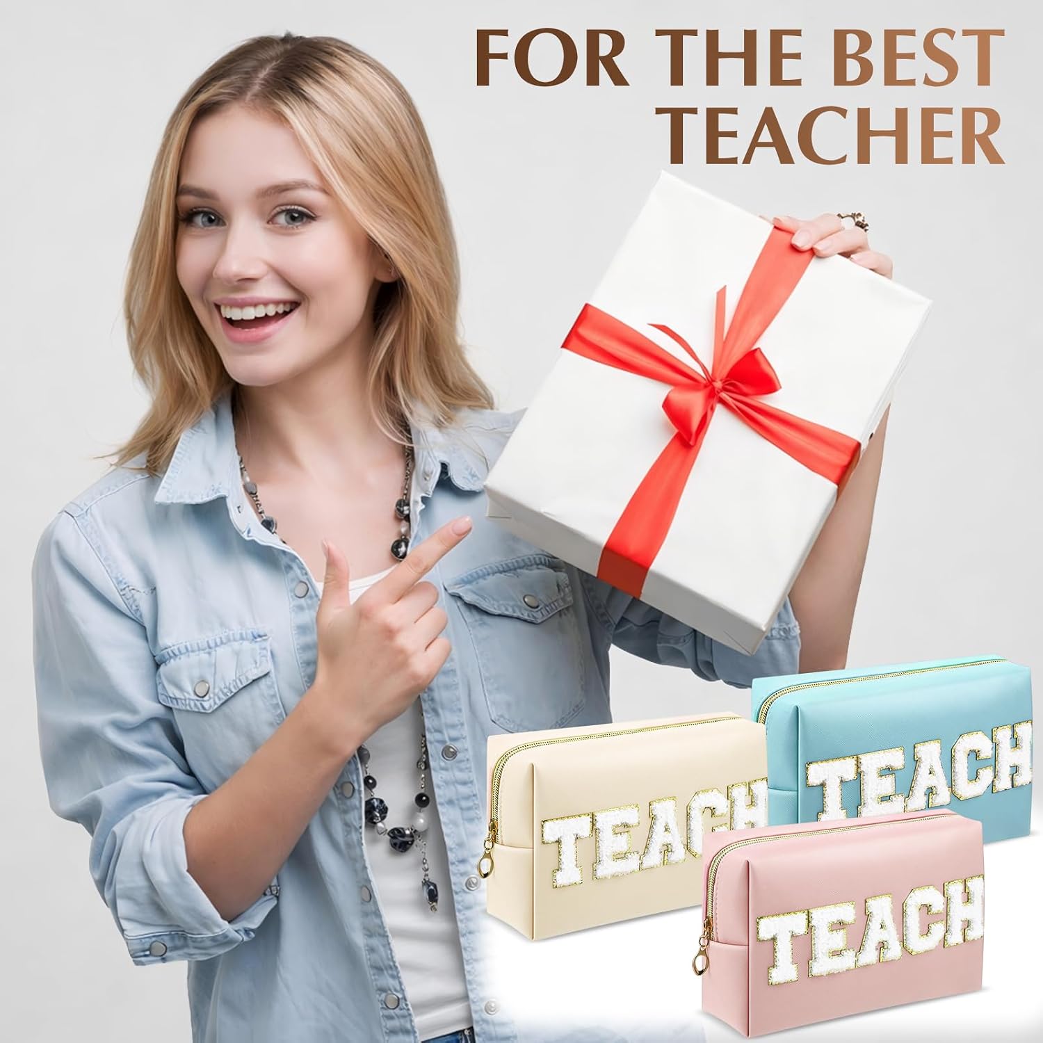9 Pcs Teacher Appreciation Gifts Bulk, Teach Chenille Letter Makeup Pouch Bag, PU Leather Preppy Zipper Cosmetic Bag, Travel Graduation Retirement Teacher Gifts for Women(Vivid Color, Teach)