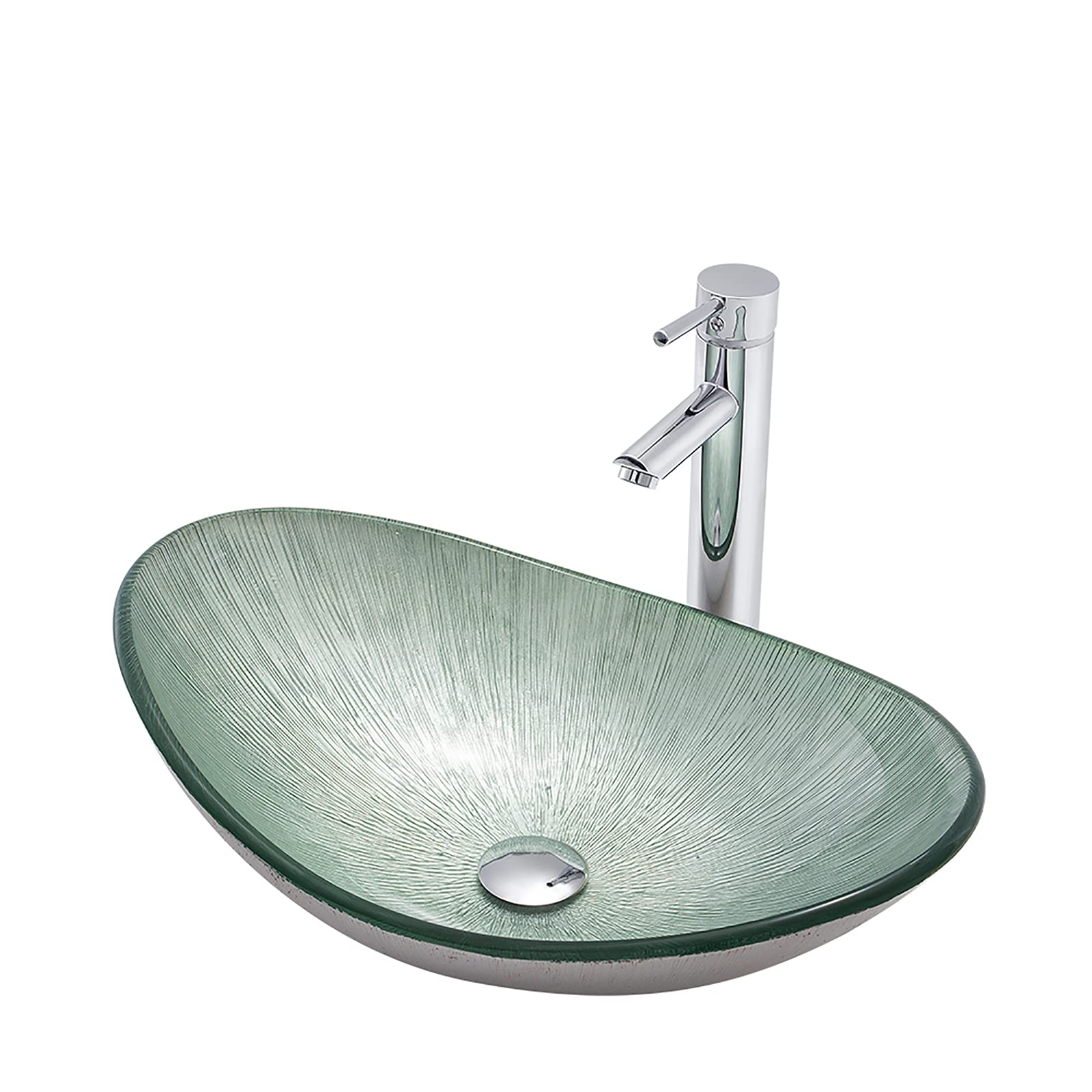 ASerZenith Bathroom Vessel Sink, Countertop Sink Bowl Tempered Glass Vanity Sink Bowl On The Top Oval Stripe Art Vessel Bowl Sink With Drain Combo And Mounting Ring,Gold,With Tap(Green-With Tap)