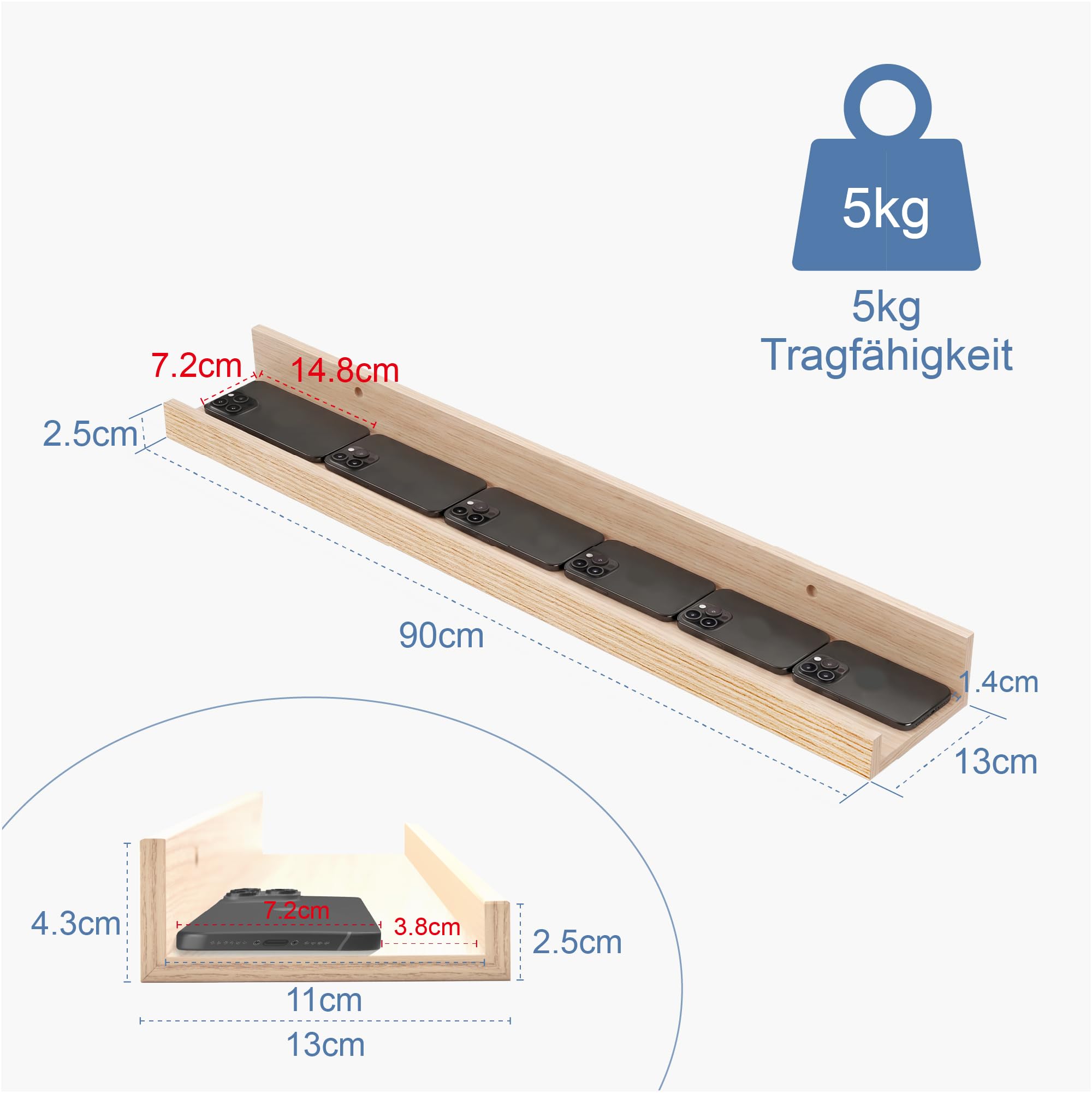 Bilderleiste Eiche 90 cm, 2er Set Schweberegal mit erhöhter Vorder- und Rückkante, großes Wandboard für Bilderrahmen, Pflanzen und Dekoration, Regal für Wohnzimmer, Schlafzimmer und Flur