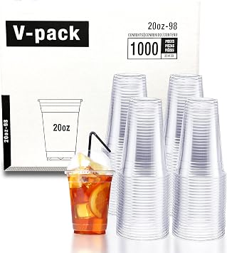 20oz Plastic Cups, Clear Disposable Cold Cup for Iced Coffee, Smoothies, and More, 98mm 1000 Pack Crystal PET Clear Plastic Cups