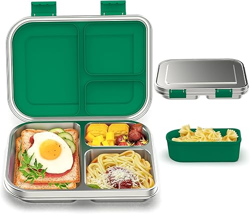Lonchera Bento de acero inoxidable para niños, 3 compartimentos a prueba de fugas, lonchera Bento de metal, contenedores de almuerzo Bento de acero