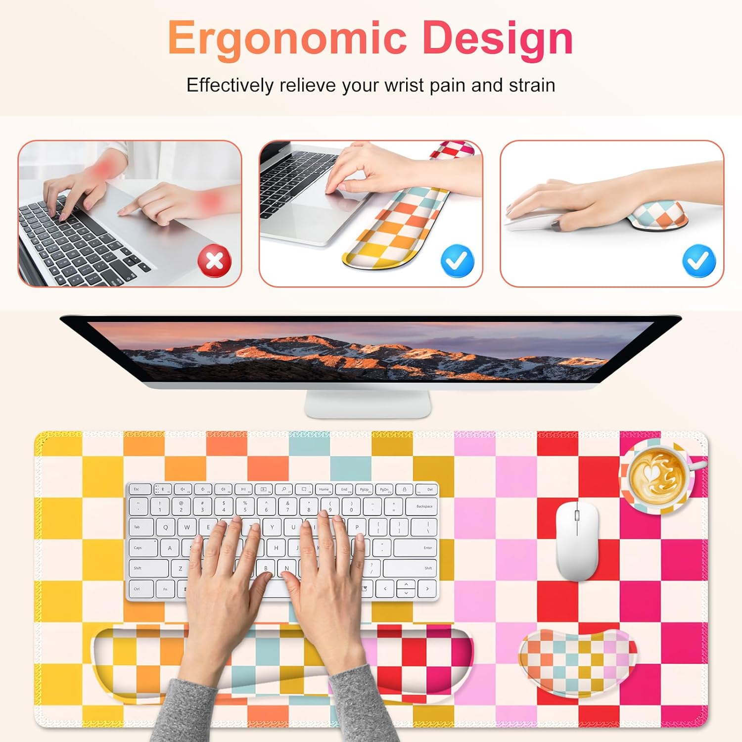 Large Gaming Mouse Pad Set, 4 in 1 Ergonomics Keyboard Desk Mat with Memory Foam Wrist Rest, Computer PC Extended Game Mousepad, Non-Slip Desk Matt Easy Typing Pain Relief I Colorful Checkered