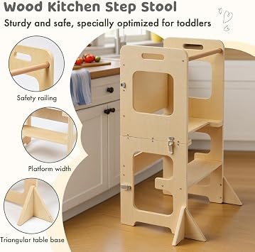 Toddler Standing Tower, Learning Standing Tower 2-in-1 Kitchen Wooden Stool Helper with Chalkboard Montessori and Waldorf Helper for Kids Wooden Step Stool with Desk Table and Chair (Log Color)
