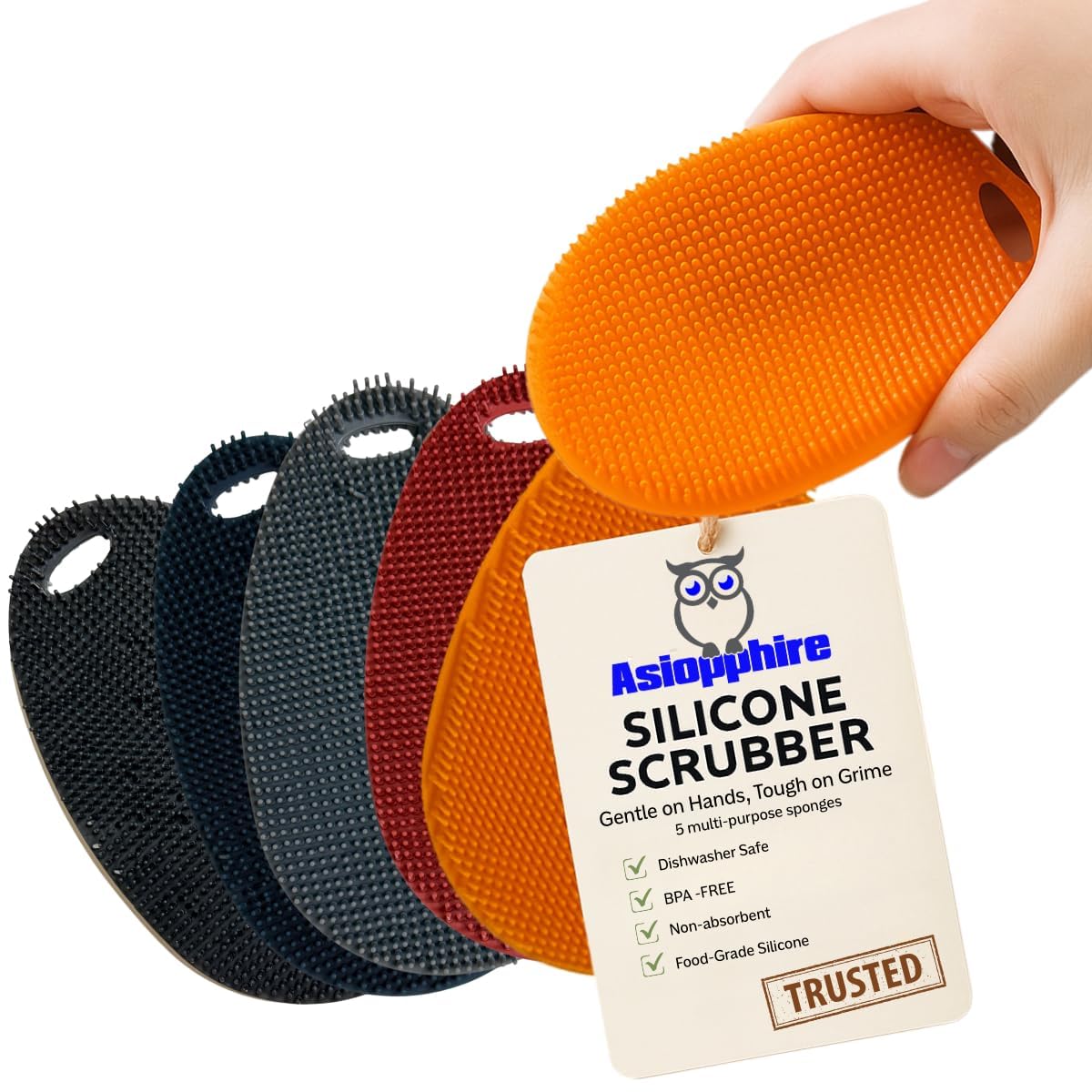 Esponja de silicona para platos, estropajo de silicona de grado alimenticio y limpieza de la casa, estropajo de cocina de silicona sin BPA [paquete de 5 óvalos de invierno]