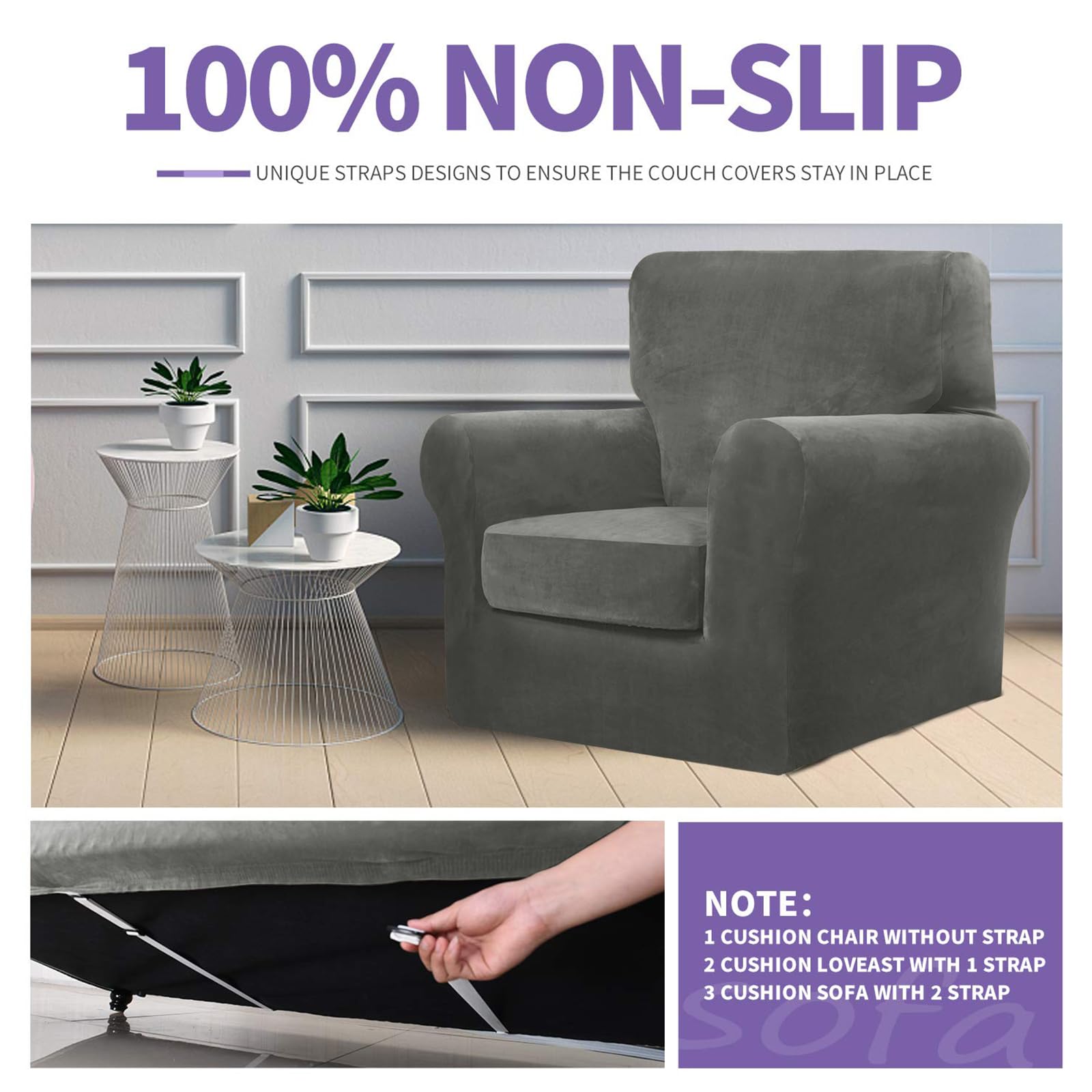 Funda de terciopelo de 3 piezas para sofá de 3 piezas con 2 fundas de cojín de asiento extra grandes, funda elástica para sofá de 2 plazas, funda gruesa para sofá biplaza para sala de estar 5