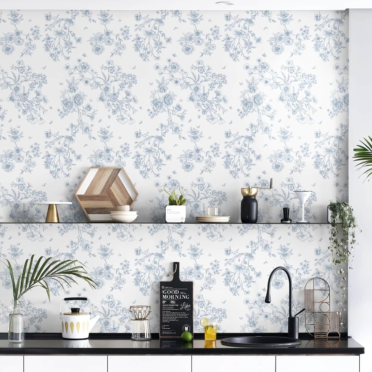 LiKiLiKi 17.3"x393" Light Blue Flowers Leaves Butterfly Floral Peel and Stick Wallpaper Self Adhesive Contact Paper Waterproof Removable Wall Paper for Kitchen Bathroom Cabinets Vinyl Roll