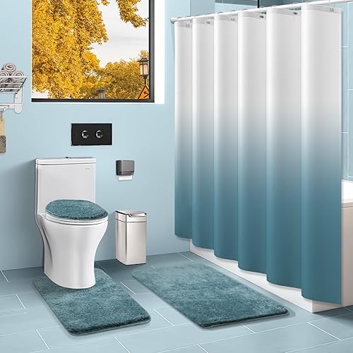 Miniatura 2 de Navy Blue Bathroom Sets with Shower Curtain and Memory Foam Bathroom Rugs and Non Slip U Shaped Toilet Rugs Shower Curtain Set 4 Piece for Perfect