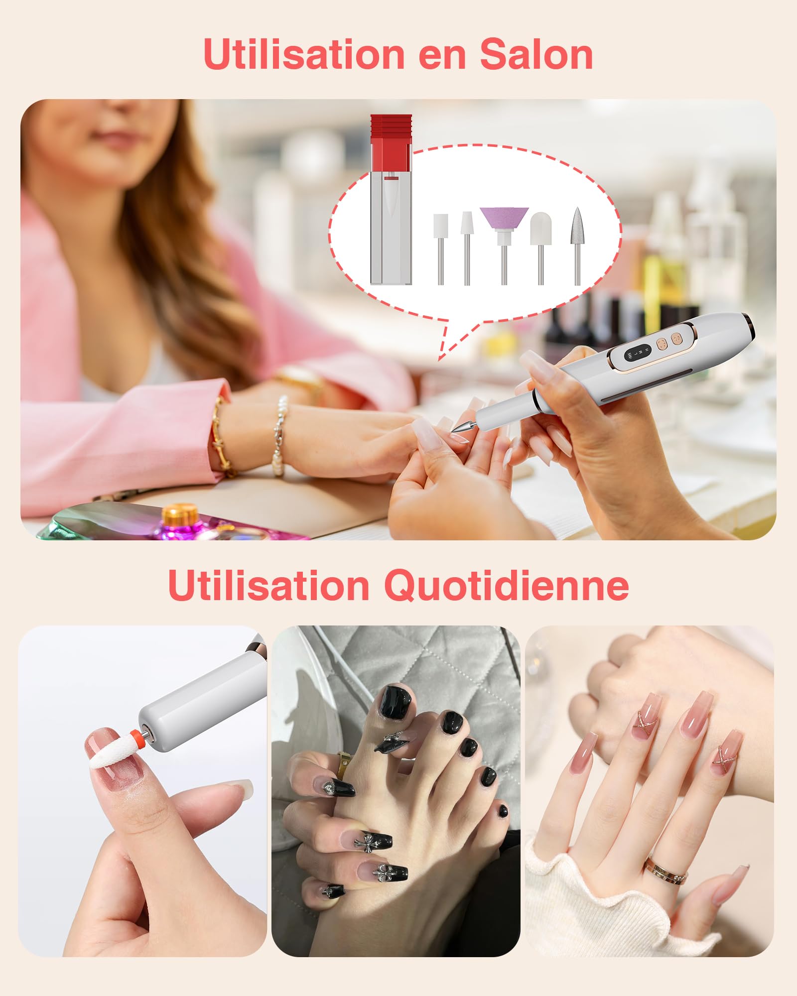 Ponceuse pour Ongles Professionnel - 1500mAh Ponceuse Ongle y Nettoyeur Pinceau Maquillage 2 en 1,20000 RPM Lime a Ongle Electrique,Nail Drill Portable,3 Vitesses Réglables,Sans Fil Sécurisé Image du produit 6