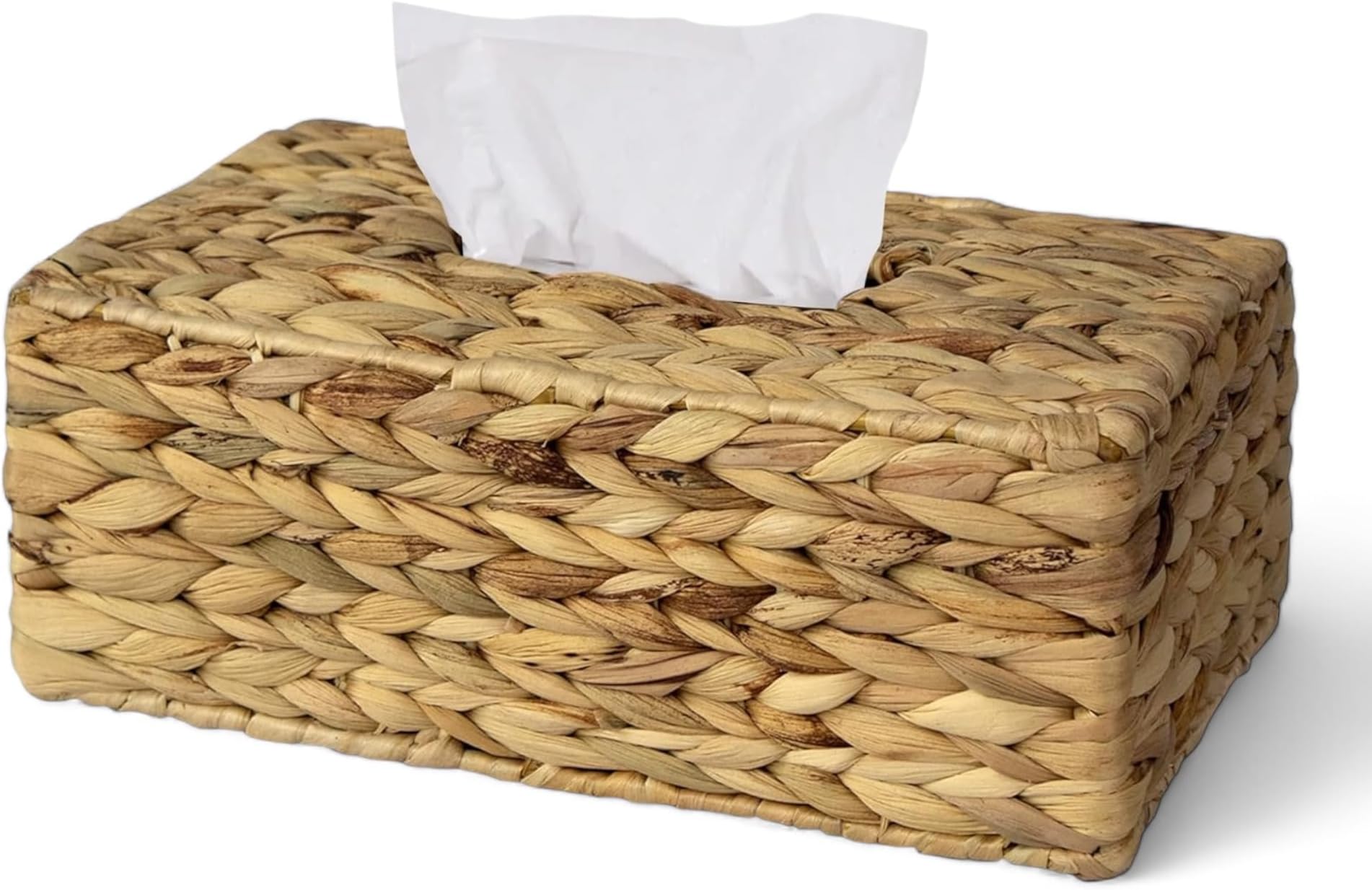 Water Hyacinth Hand Woven Rectangle Tissue Box Cover Holder | Rustic Wicker Straw Tissue Paper Box Napkin Dispenser Organizer for Kitchen, Bathroom and Office with a Free Tissue Box