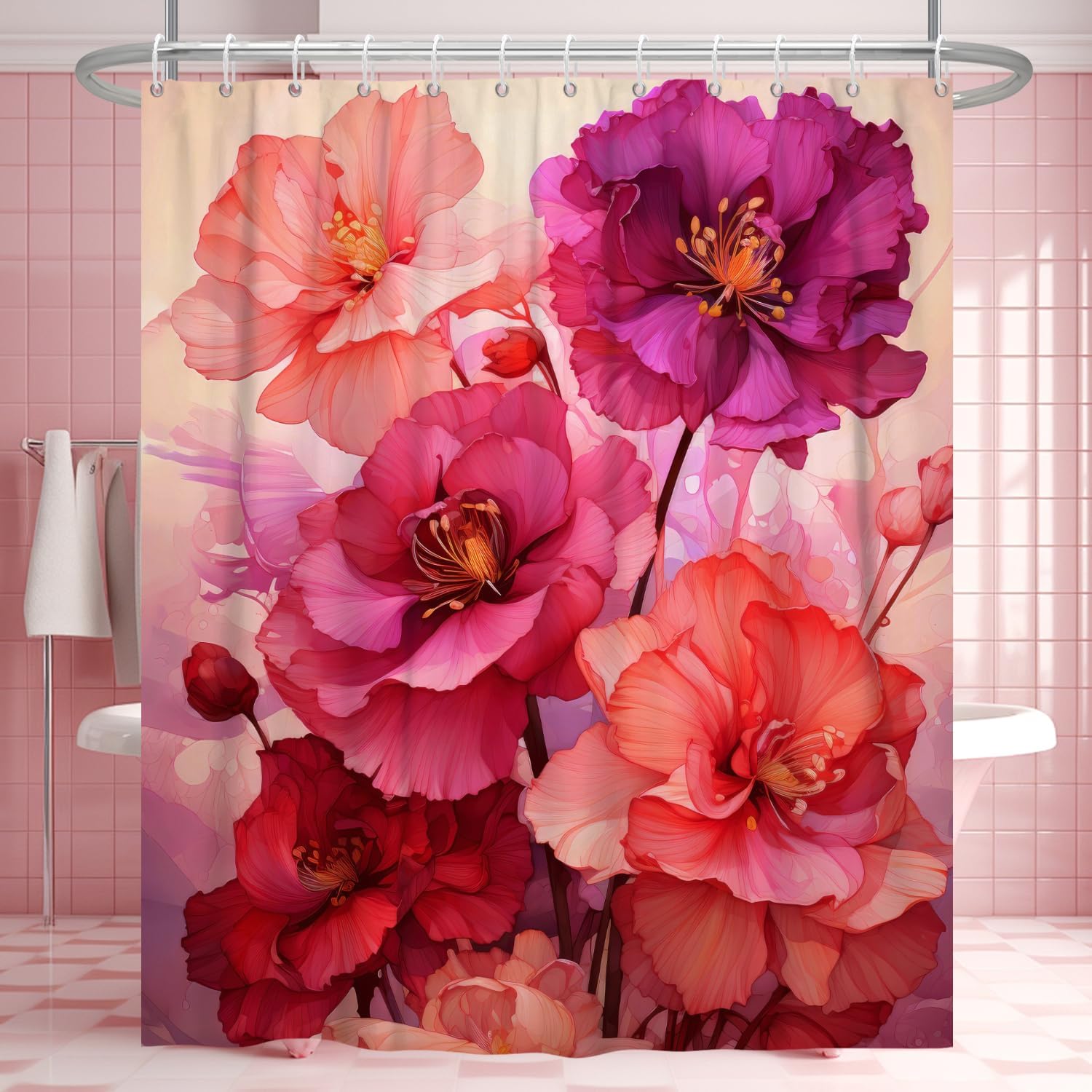 Red Orange Shower Curtain for Bathroom Rose Floral Shower Curtain Set with Hooks Abstract Pink Red Flowers Bathtub Decor Waterproof Fabric Curtains 72x84inches