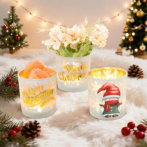 Miniatura 6 de Portavelas votivas de Navidad, juego de 3 portavelas de cristal blanco dorado rojo para centros de mesa de Navidad, portavelas de té de Navidad con