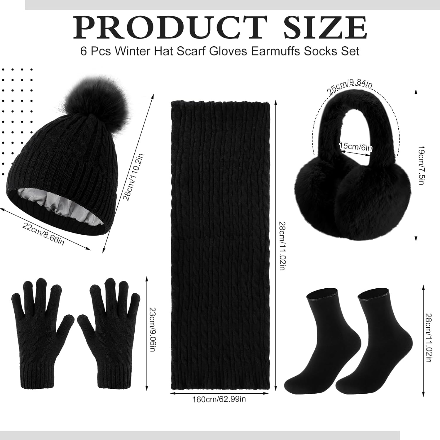 Geyoga 6 Pcs Winter Knit Set with Knit Beanie Hat Long Scarf Touchscreen Gloves Foldable Earmuff Fleece Socks for Women