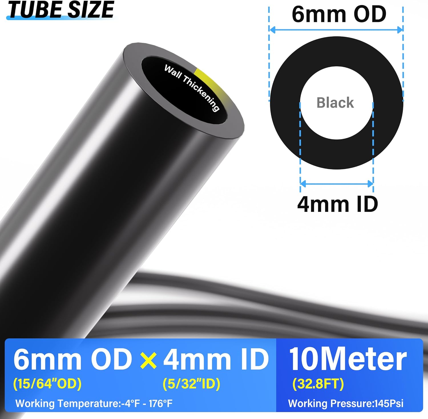 TAILONZ PNEUMATIC Black 6mm OD 4mm ID Polyurethane PU Air Hose Pipe Tube Kit 10 Meter 32.8ft