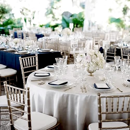 Miniatura 6 de fani Paquete de 6 manteles redondos plateados de 120 pulgadas  Mantel de satén sedoso de alta calidad superpuesto de tela suave, decoración de mesa