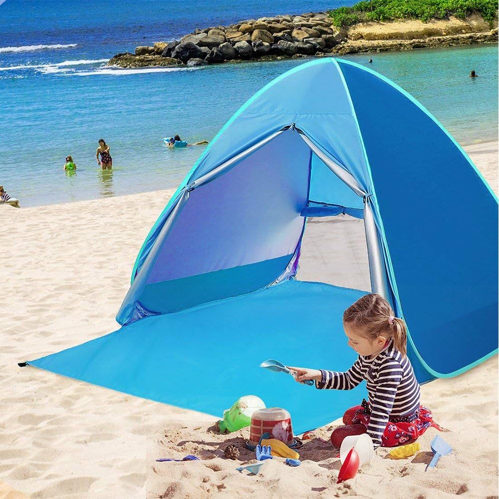 TopDirect Pop-up Beach Tent, 2-3 Persons Portable Outdoor Automatic Beach Tent with Zipper Door Waterproof Anti-UV (50+ UPF) Sun Shelter Protection Beach Shade Camping Tent for Outdoor Activities