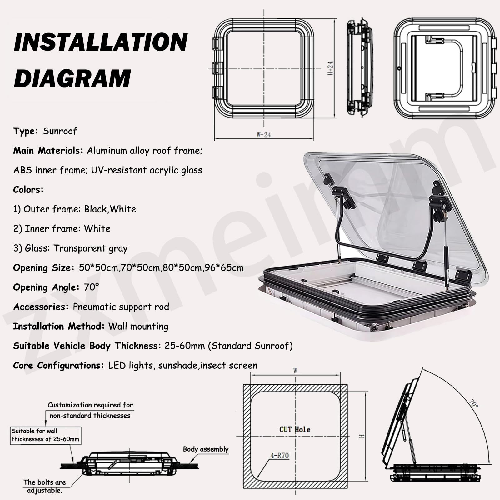 Escotilla de Techo para RV de aleación de Aluminio con Cubierta acrílica Anti-UV — Claraboya de ventilación LED para autocaravanas, Campers, caravanas y vehículos modificados 96 * 65cm