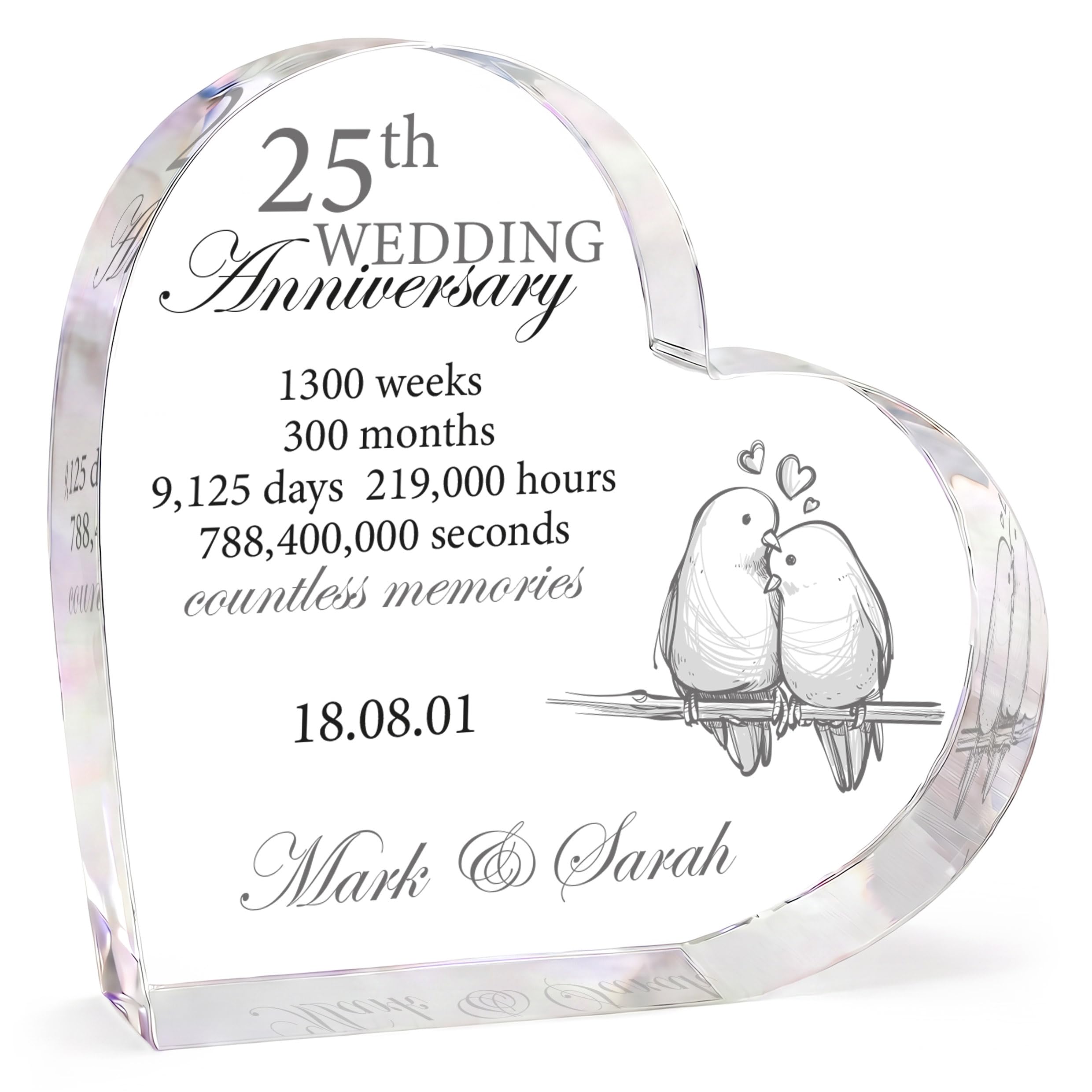 Beecreative Personalised 25th Wedding For Him Her Husband Wife - Silver For Couples - 25 Years Married Gift - Heart Shape Keepsake With Grey Bag