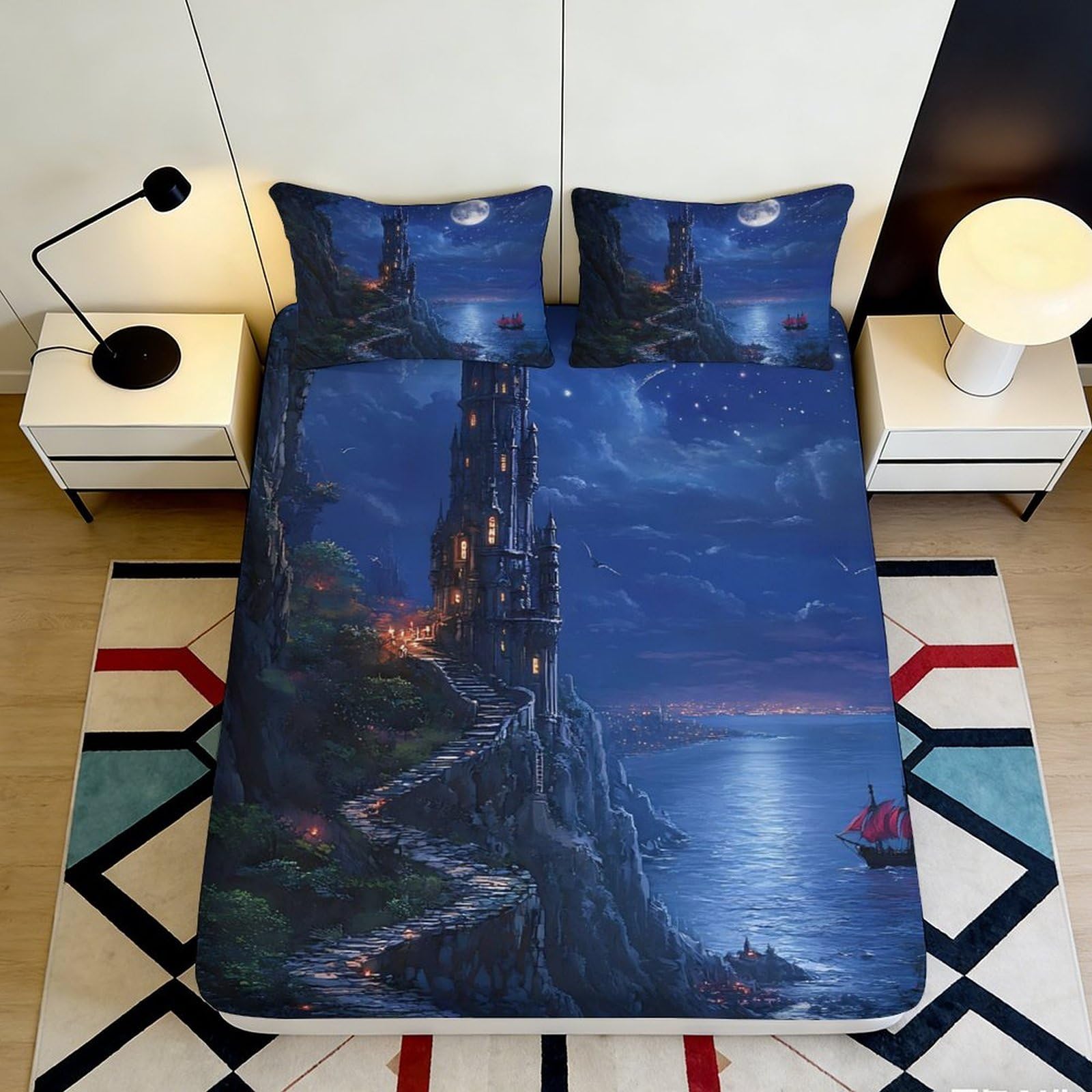 3D Printed Fantasy Castle Fitted Sheet Microfiber Deep Blue Night Ocean Mattress Cover Bedroom Decor Adult Teen 120x200x25cm