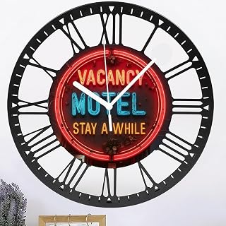 Metal Wall Clock for Living Room -10" Retro Neon Sign Motel Vacancy Night Light Silent Non Ticking,Battery Operated, Antique Wood Clocks for Farmhouse,Dining Room,Bedroom,Kitchen Clock Wall Decor- Rom