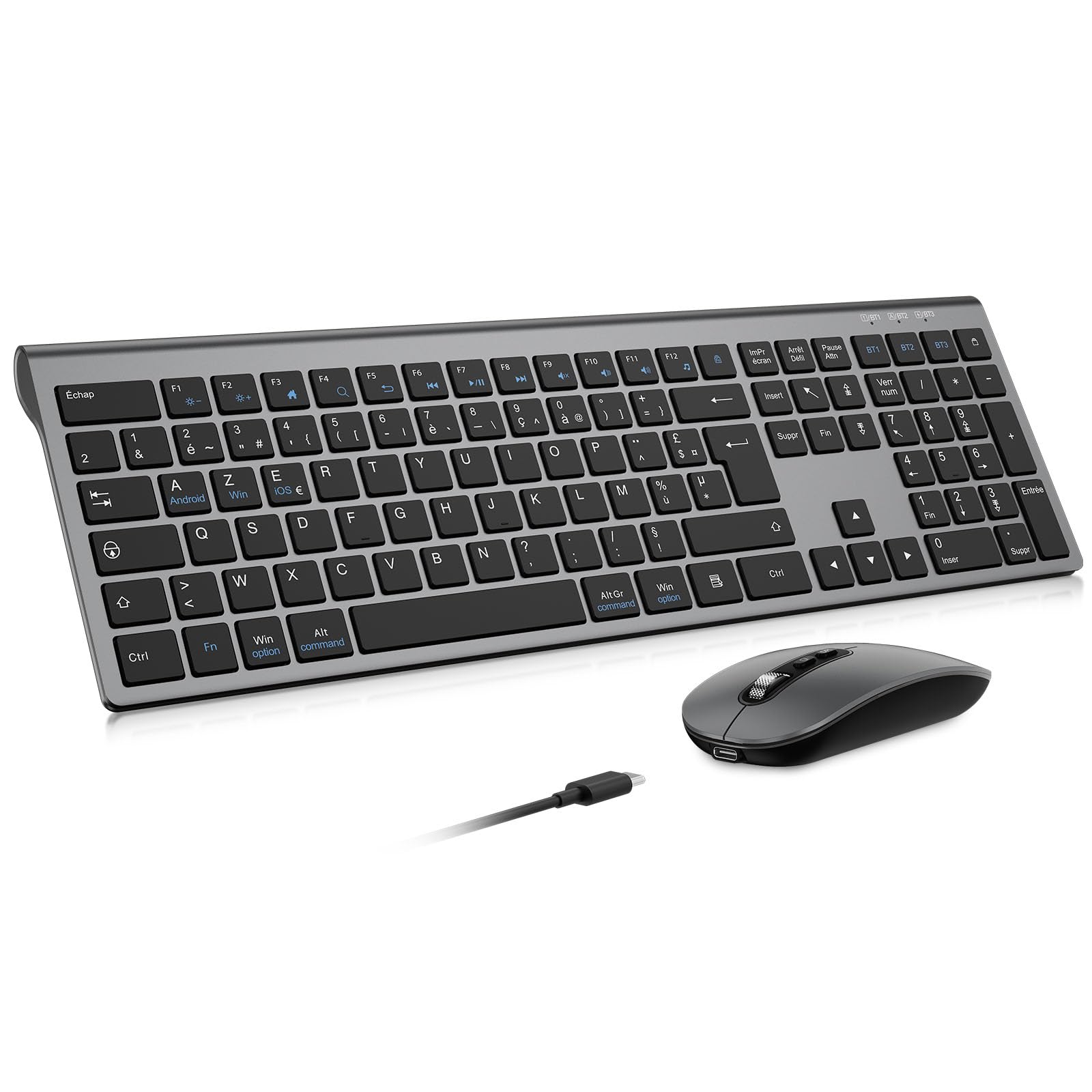 cimetech Clavier Souris sans Fil Bluetooth, Connexion BT1+ BT2+ BT3, Rechargeable, Silencieux, Ultra-Fin Clavier AZERTY, Compatible Windows/Mac OS/iPad/Android-Gris Noir