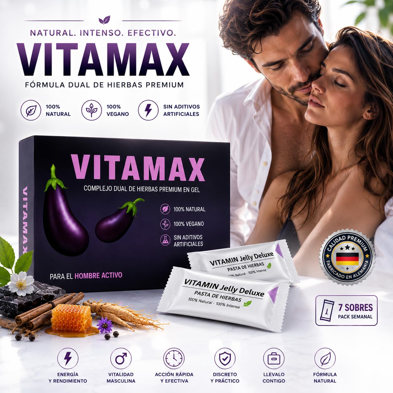 Vitamax Extra Fuerte – Gelée Royale FORTE – Potenciador Natural de Testosterona para Deseo, Placer y Resistencia – Alta Concentración – 7 Sobres Testo-Extreme para Hombres