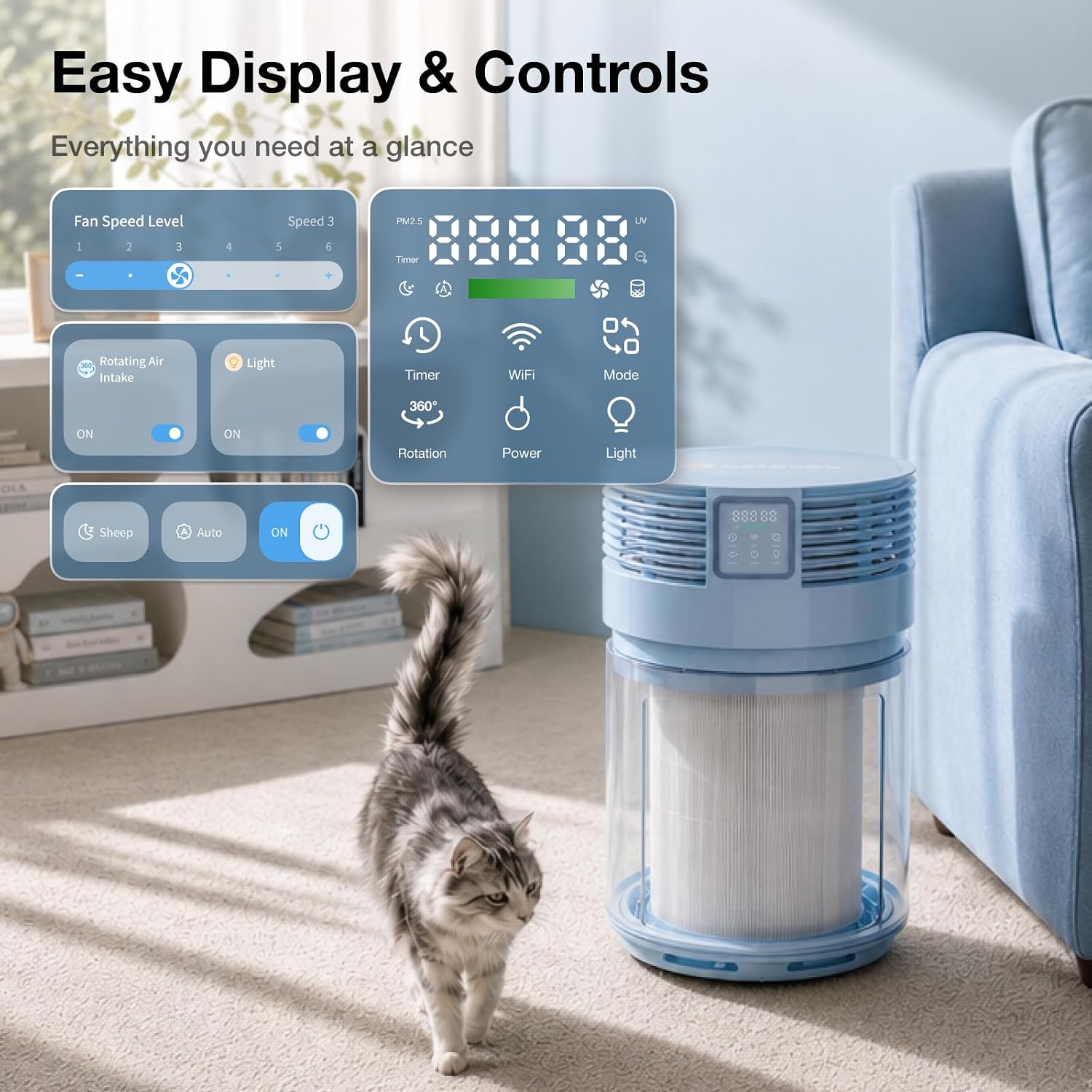 PETGUGU Air Purifiers for Home Bedroom Dorm with 360° Rotating Transparent Pre-Filter Pet Air Purifier H13 HEPA Air Quality Monitor Pet Hair Filter App Control image 6