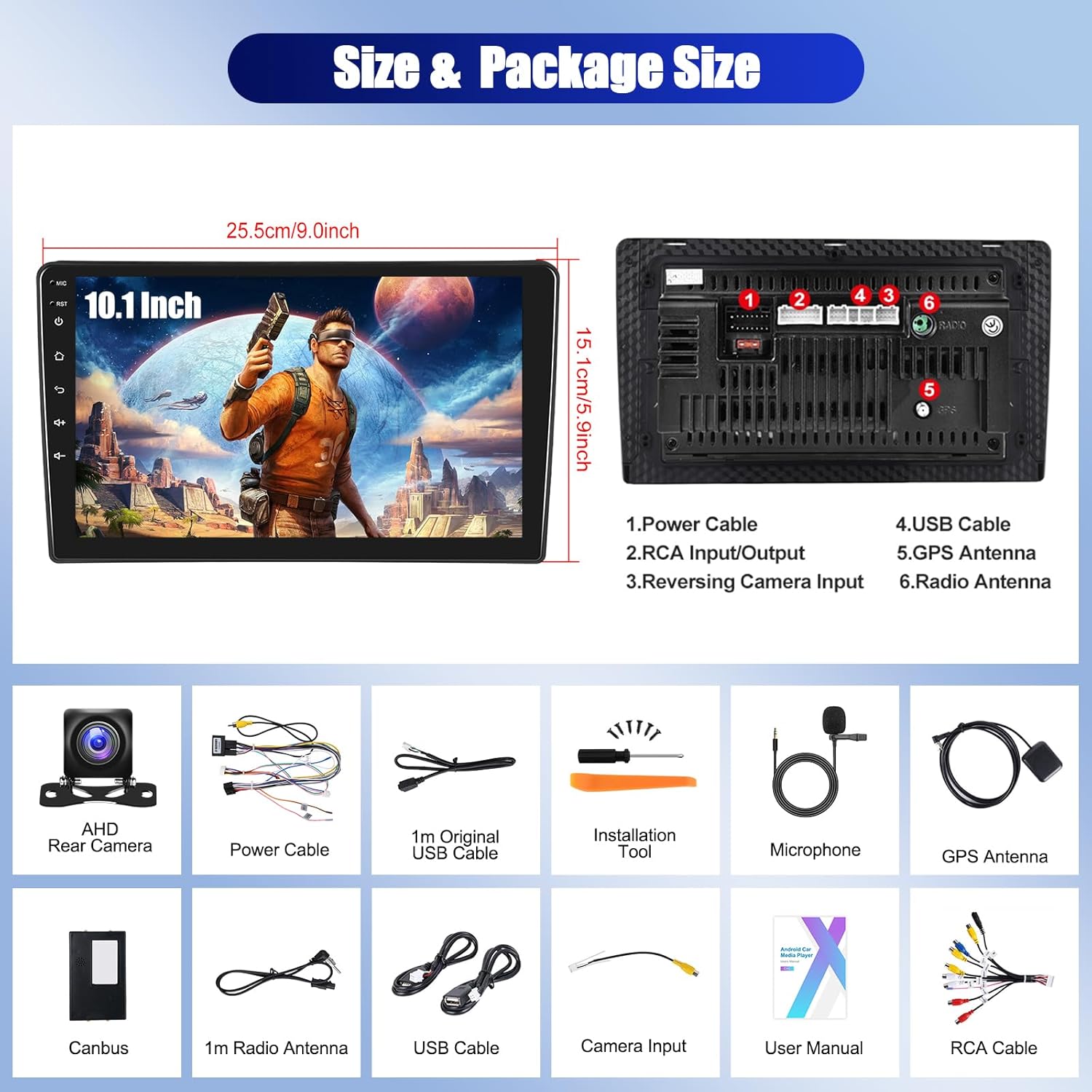 Diagram showing dimensions of the 10.1-inch car stereo and a list of included accessories like power cable, USB cable, GPS antenna, and backup camera.