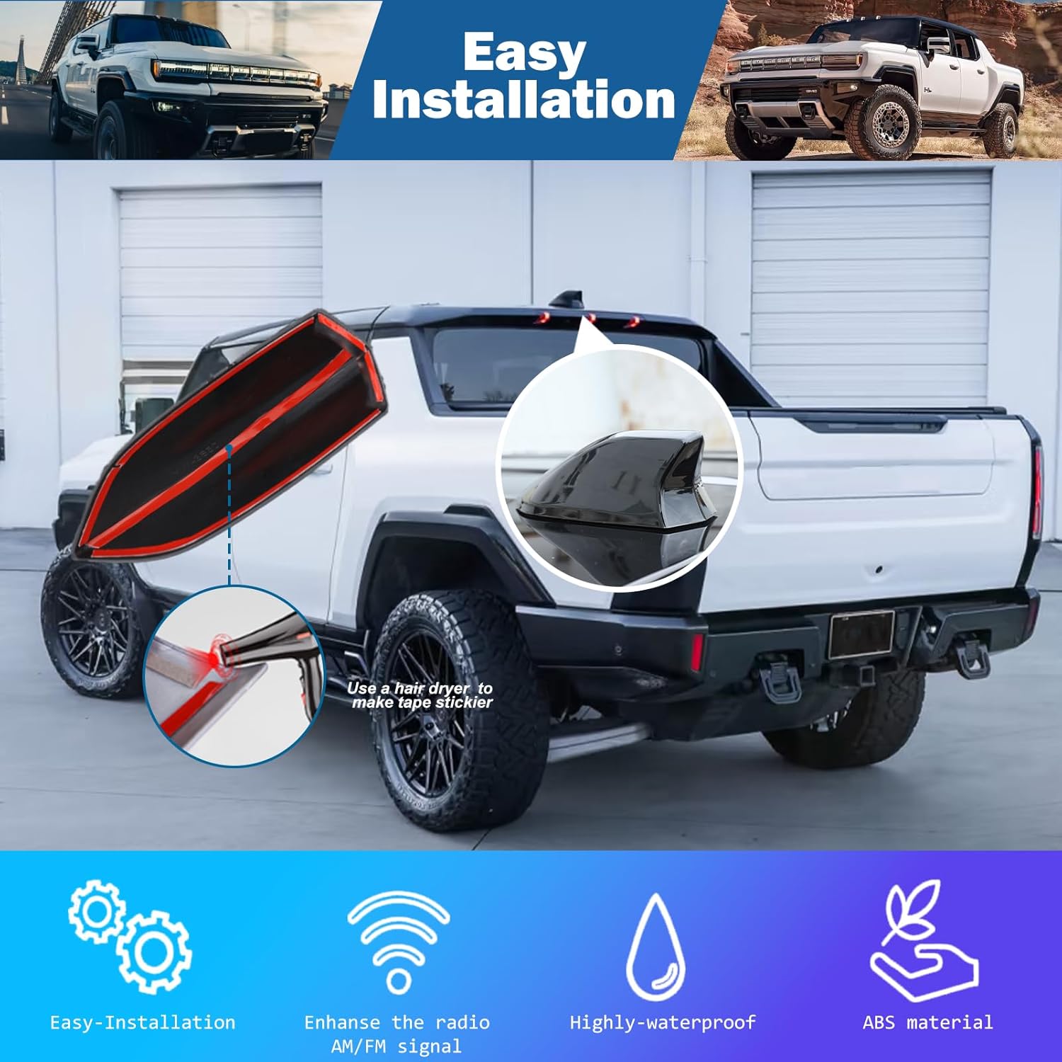 for Hummer EV Accessories Shark Fin Shape Roof Antenna Cover Decor,Car Radio Antenna Topper for Hummer EV SUV Pickup 2022-2024 2025 2026,Vehicle Shark Fin Shape Cover (Piano Black)