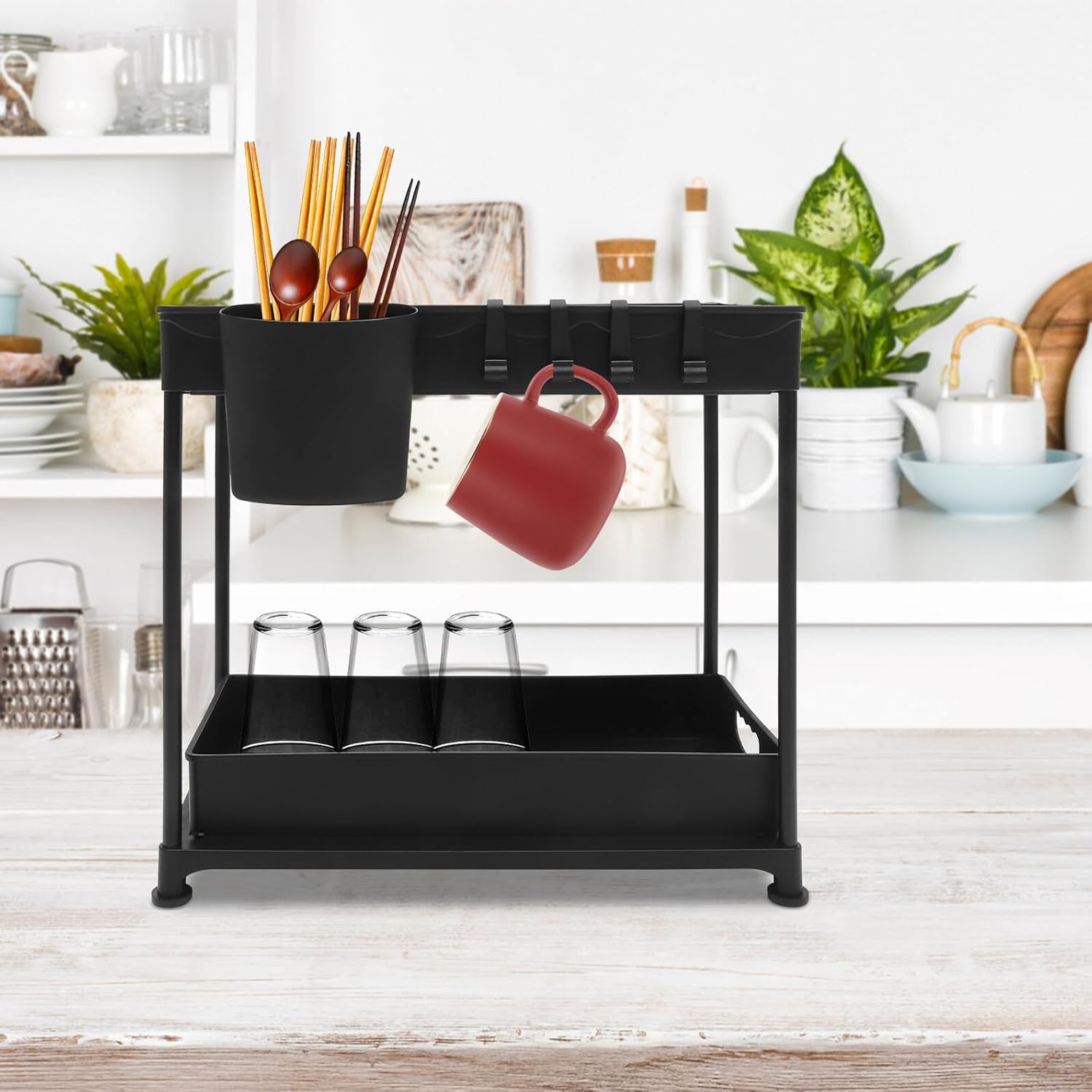 Sink Storage Organizer Retractable Telescopic Sink Shelf Kitchen Cabinet Pull out Drawer Rack for Bathroom and Kitchen Storage, Black